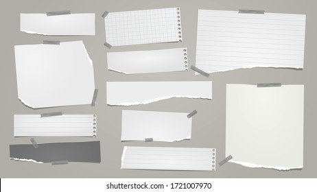 Torn of white note, notebook paper strips, pieces stuck with sticky tape on grey background. Vector illustration