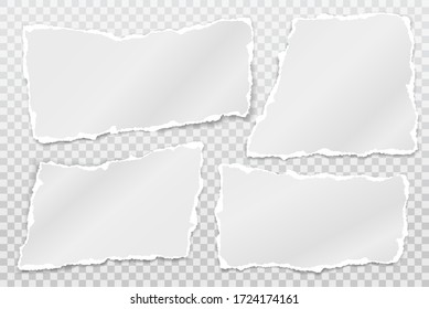 Torn of white note, notebook paper strips, pieces stuck with sticky tape on grey background. Vector illustration