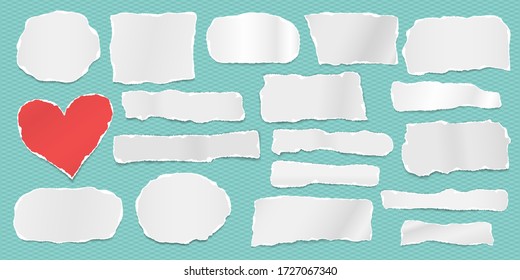 Torn of white note, notebook paper strips, pieces with soft shadow stuck on turquoise background. Vector illustration