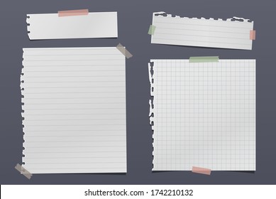 Torn white note, notebook paper strips and pieces stuck with sticky tape on black background. Vector illustration
