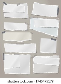 Torn white note, notebook paper strips and pieces stuck on grey background. Vector illustration