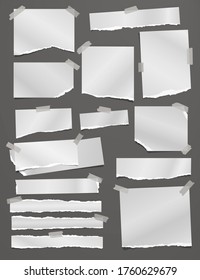 Torn white note, notebook paper strips and pieces stuck on dark grey background. Vector illustration