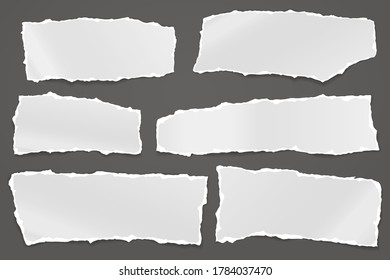 Torn of white note, notebook paper strips and pieces stuck on dark grey background. Vector illustration