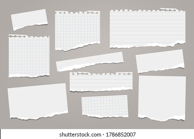 Torn of white note, notebook paper strips and pieces stuck on dark grey background. Vector illustration