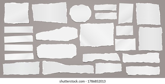 Torn of white note, notebook paper strips and pieces stuck on dark grey background. Vector illustration