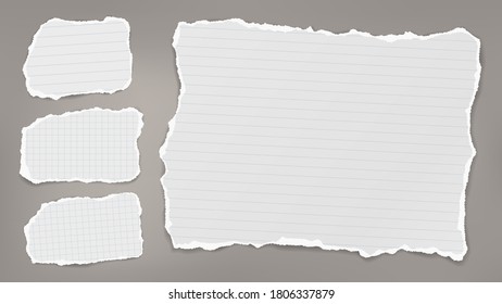 Torn of white note, notebook paper strips and pieces stuck on grey background. Vector illustration