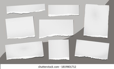 Torn of white note, notebook paper strips and pieces stuck on grey background. Vector illustration