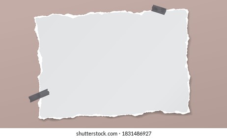 Torn of white note, notebook paper piece stuck with sticky tape on brown background. Vector illustration