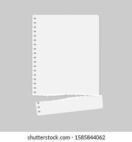Torn white note, notebook strip, paper piece with soft shadow on white background. Vector illustration