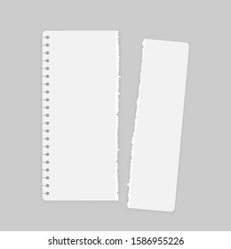 Torn white note, notebook strip, paper piece with soft shadow on white background. Vector illustration