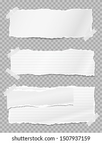 Torn white note paper pieces with soft shadow stuck on grey squared background. Vector illustration