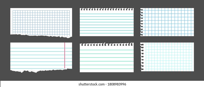 Torn white note set. Notebook paper sheets in a cage, in a line, pieces ripped note. Blank notepad pages. Collection empty piece tears paper, sheets scrapbook. Vector illustration isolated