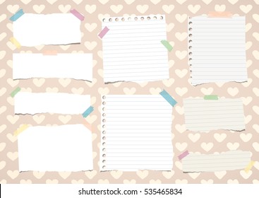 Torn White Notebook, Copy Book, Note Paper Stuck On Pattern Created Of Heart Shapes