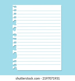 torn white notepad with lines isolated on blue background, design with copyspace