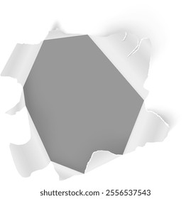Torn white paper creating an irregular shaped hole revealing a gray background, providing a textured and layered effect suitable for various design applications