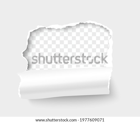 Torn white paper frame for text on transparent background. Breakthrough paper square with rolled side realistic vector illustration