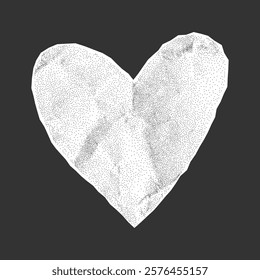 Torn white paper heart with a crumpled gritty texture, dark background, halftone sticker, love and romance collage illustration