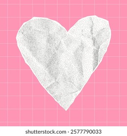 Torn white paper heart with crumpled gritty texture on pink checkered background, jagged edges, halftone sticker, love and romance collage element