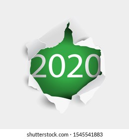 Torn white paper hole with New Year Inscription 2020 on green.Vector element for design. 2020 New Year template