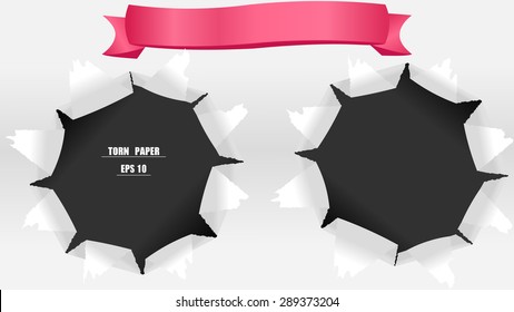 Torn white paper illustration, vector, clip art. Pull apart, tear into pieces effect. Pops out something from a hole in the wall. Shred, rip, rend, cut, split movement. Background and texture template