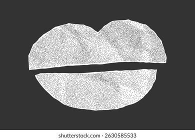 Torn white paper lips with jagged edges and crumpled texture on dark background. Abstract geometric collage sticker with halftone and gritty surface.