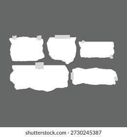 Nota de papel blanco rasgada con la cinta en el fondo gris, marco rasgado de la textura del papel