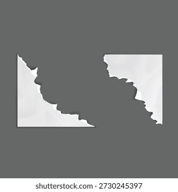 Nota de papel blanco rasgada con la cinta en el fondo gris, marco rasgado de la textura del papel