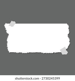 Nota de papel blanco rasgada con la cinta en el fondo gris, marco rasgado de la textura del papel