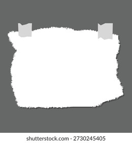 Nota de papel blanco rasgada con la cinta en el fondo gris, marco rasgado de la textura del papel
