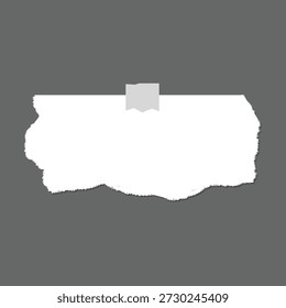 Nota de papel blanco rasgada con la cinta en el fondo gris, marco rasgado de la textura del papel