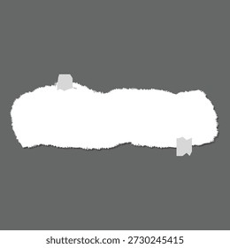 Nota de papel blanco rasgada con la cinta en el fondo gris, marco rasgado de la textura del papel