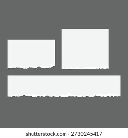 Nota de papel blanco rasgada con la cinta en el fondo gris, marco rasgado de la textura del papel