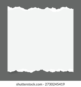 Nota de papel blanco rasgada con la cinta en el fondo gris, marco rasgado de la textura del papel