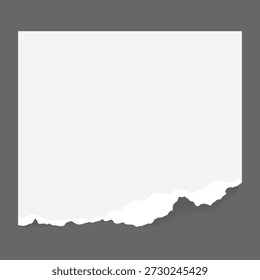 Nota de papel blanco rasgada con la cinta en el fondo gris, marco rasgado de la textura del papel
