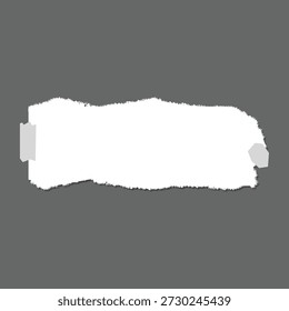 Nota de papel blanco rasgada con la cinta en el fondo gris, marco rasgado de la textura del papel