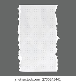 Nota de papel blanco rasgada con la cinta en el fondo gris, marco rasgado de la textura del papel