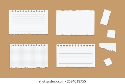 Torn white paper scraps cartoon illustration set. Ragged square pieces of notebook sheets. Ripped empty notes or memo, blank damaged notepaper with shred edges. Scrapbook concept. Blank vector paper.