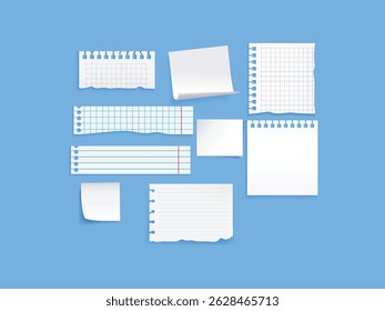 Torn white paper scraps cartoon illustration set. Ragged square pieces of notebook sheets. Ripped empty notes or memo, blank damaged notepaper with shred edges