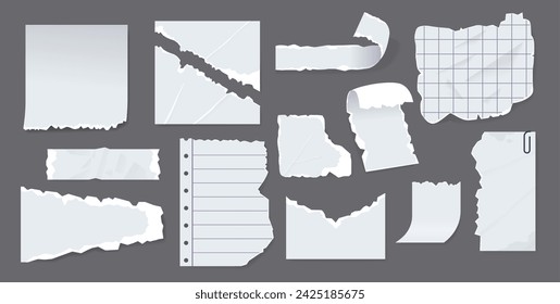 Torn White Paper Scraps With Ragged Edges, Perforated Textures, And Lined Crumples. Isolated Realistic Notebook Shreds