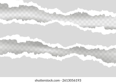 Torn white paper with shadow. Damaged cardboard borders. Vector illustration