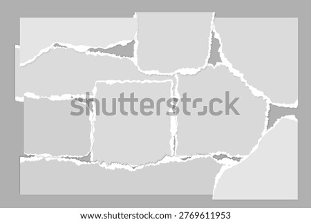 Torn white paper sheet. Paper pieces with rough torn edges. Notebook scraps, blank paper pages. Vector illustration