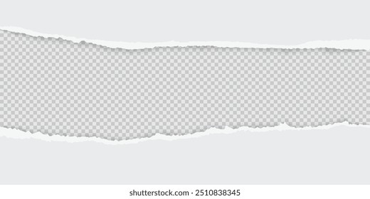 Folha de papel branco rasgada com bordas rasgadas no fundo transparente. Borda do livro de recortes, rasgo do bloco de anotações, ilustração vetorial de divisão de página em branco. Carta danificada, maquete de documento, recorte de jornal.