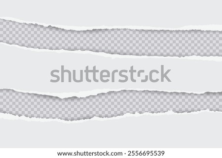 Torn white paper sheet with ripped edges on transparent background. Scrapbook edge, notebook tear, blank page split vector illustration. Damaged letter, document mockup, promotion banner.