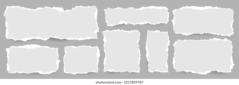Juego de hojas de papel blanco roto. Pieza de página de papel con bordes rasgados. Marco en blanco. Forma Abstractas de los pedazos en estilo plano. Elemento para scrapbook Anuncio collage cuadro de texto redes sociales Diseño