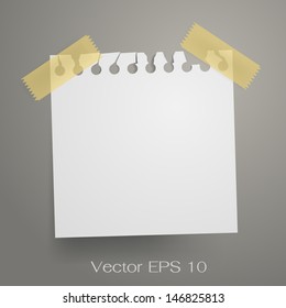 Torn white paper with tape on gray background. Vector illustration.