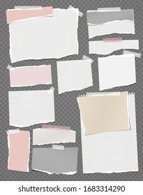 Torn of white, pink note, notebook paper strips, pieces stuck with sticky tape on black squared background. Vector illustration