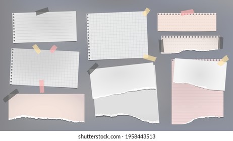 Torn of white and pink notebook paper pieces stuck with sticky tape on dark grey background for text, advertising or design. Vector illustration