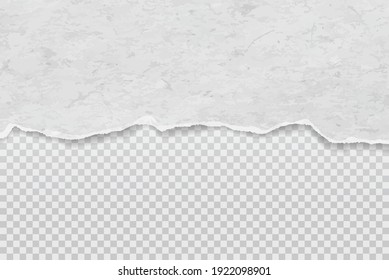 Torn of white rough, stained torn paper strip on square pattern background, transparent background for text, advertising or design. Vector illustration