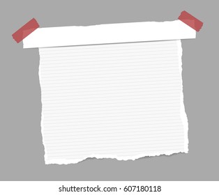 Torn white ruled note, copybook, notebook sheet, stuck paper strip with red sticky tape