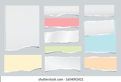 Torn white squared and colorful note, notebook paper strips, pieces stuck on grey background. Vector illustration